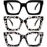 REAVEE 3 Pack Thick Frame Oversized Reading Glasses for Women Blue Light Blocking Computer stylish Readers with Spring Hinge