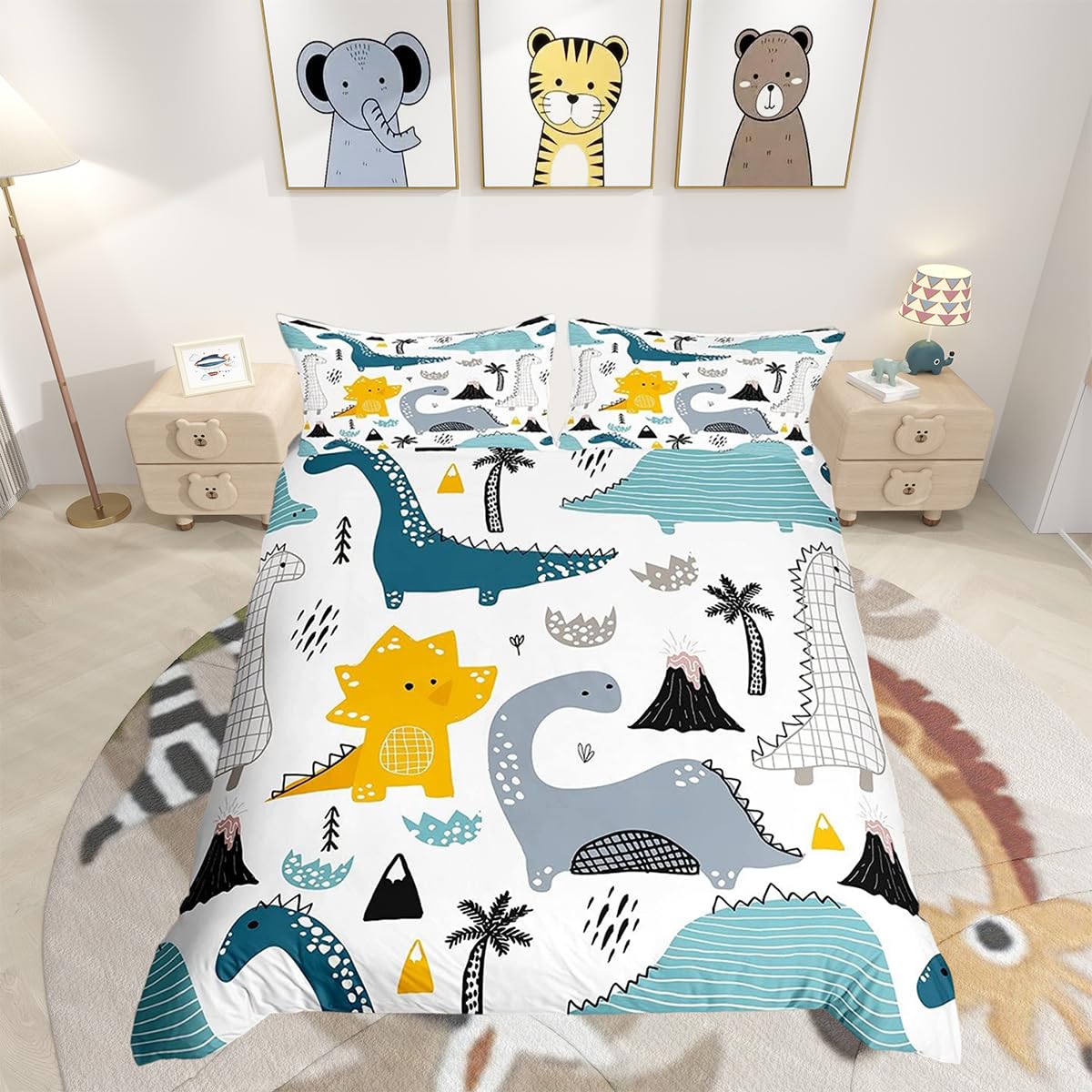 Loussiesd Kids Cartoon Dinosaur Toddler Soft Duvet Cover Boys Cute Ancient Animal Bedding Set 3D Kawaii Animal Dinosaur Comforter Cover Green Stripe White Lovely Quilt Cover Single Size Boys — image 1
