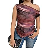 WDIRARA Women's Plus Size One Shoulder Tee Tie Dye Sheer Mesh Tops Ruched Asymmetrical T Shirt