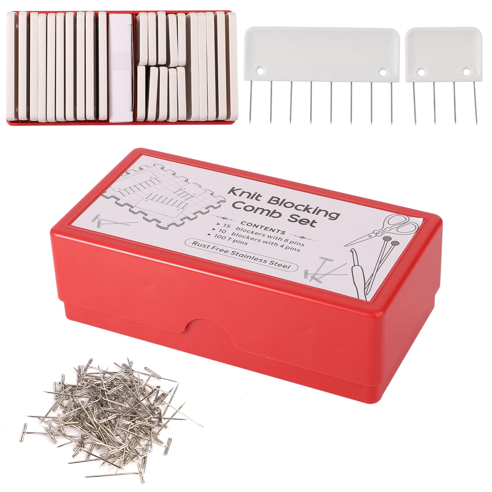 125pcs Knit Blocking Pins Kit, 25pcs Knit Blocking Combs & 100pcs Knitting T Pins, Knit Blockers & Pin Kit Knitting Aids for Blocking Knitting, Crochet, Lacework or Needlework Projects
