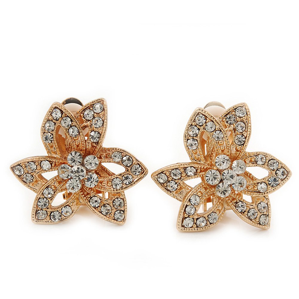 25mm Tall/Diamante Flower Clip-On Earrings/Gold Tone