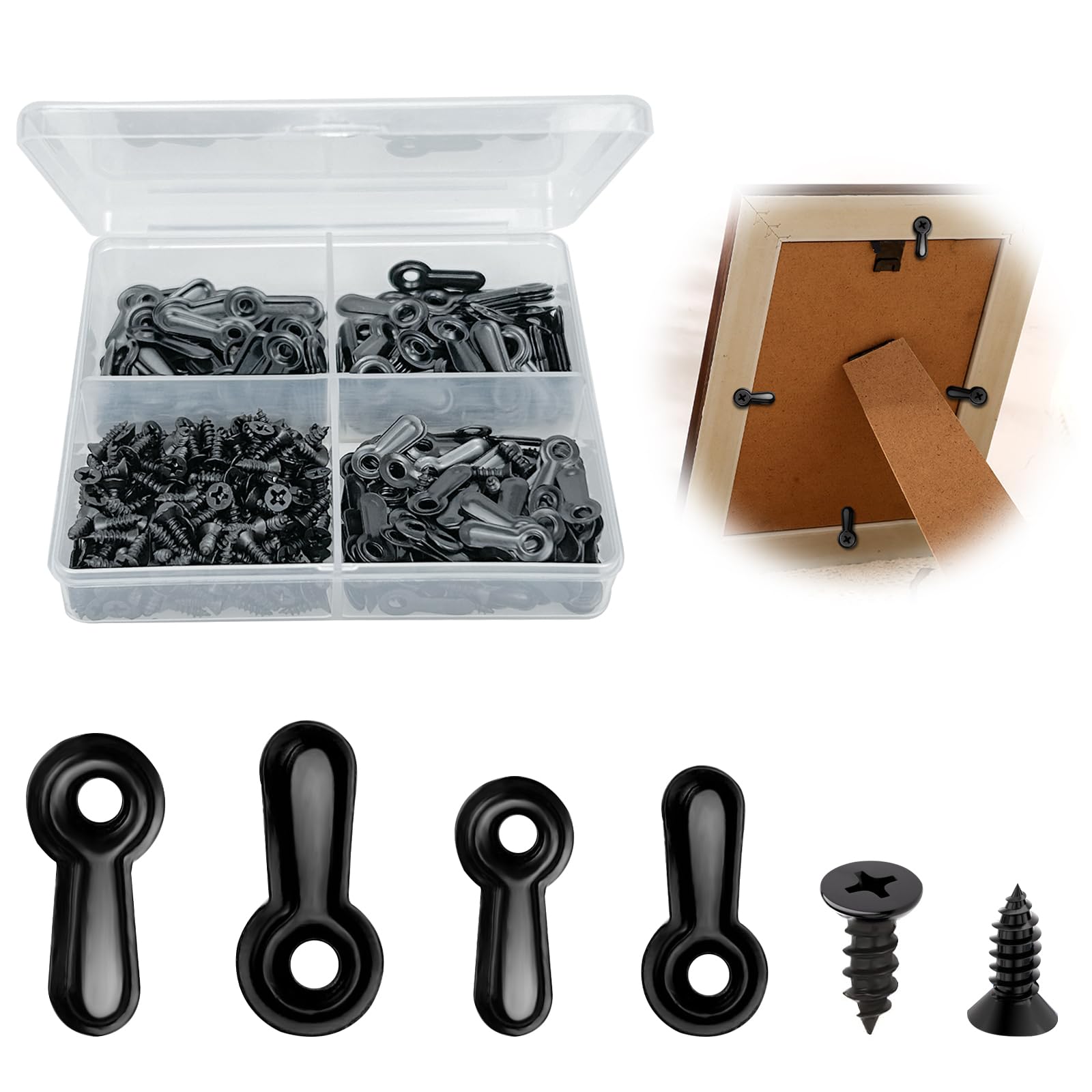 200 Pcs Frame Picture Turn Button Fasteners, Photo Frame Hardware and Screws, Flat Head Picture Frame Hanging Screws, Picture Hooks and Hangers Set for Home, Gallery, Office and Party ( 2 Sizes