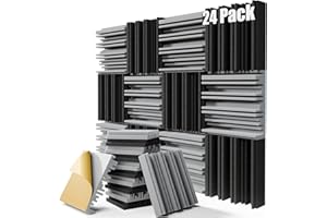 ZELMINE Upgrade 24 pack Self-adhesive Sound Proof Foam Panels,12" X 12" X 2" Acoustic Panels with High Density,Decorative Soundproof Wall Panels Sound Absorbing Foam for Wall and Ceiling(Black+Gray)