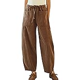 InterNos Women's Trendy Barrel Pants Wide Leg Mid Waisted Trousers Adjustable Drawstring Baggy Pants with Pockets
