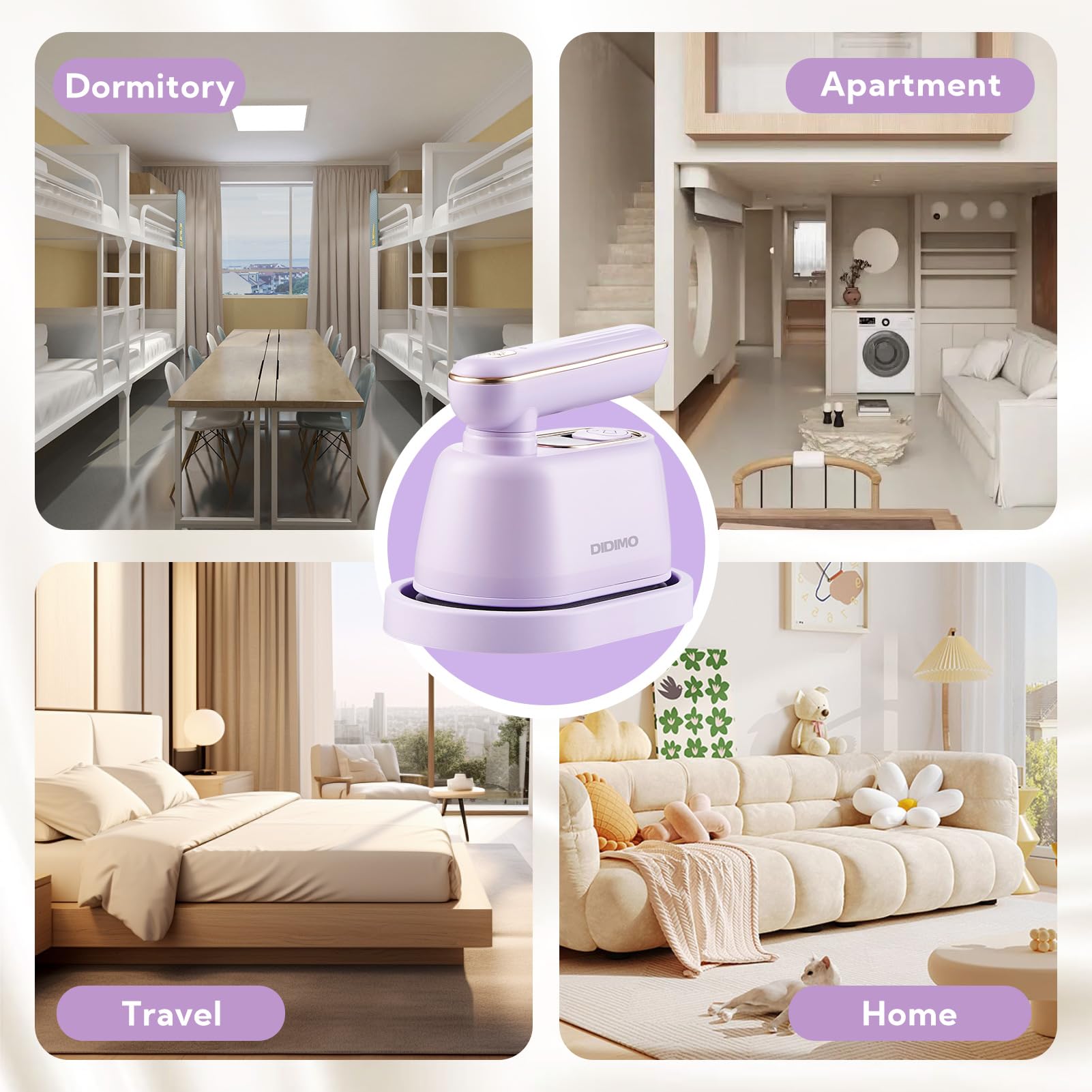 Travel Steamer, Dry & Wet 2 in 1 Portable Steamer for Clothes, 180° Rotatable Mini Steam Iron, Portable Iron for Home, Travel, Dorm, Gifts, School Gift, Home Essential (Purple)