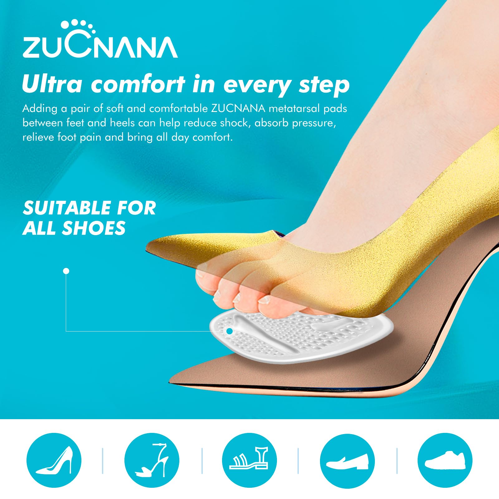 Ball of Foot Cushions (2 Pairs Gel Shoe Inserts), Heel Inserts for Women, Non Slip Heel Pads, Heel Cushions for Women Foot Pain Relief and Comfort, One Size Fits Any (Clear)