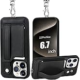 TOOVREN Phone Cover Compatible with iPhone 15 Pro Max Case with Wallet Strap Card Holder Stand Leather Cover Fits iPhone 15 Pro Max Wallet Case Lanyard for Women & Men 6.7 Inch Black