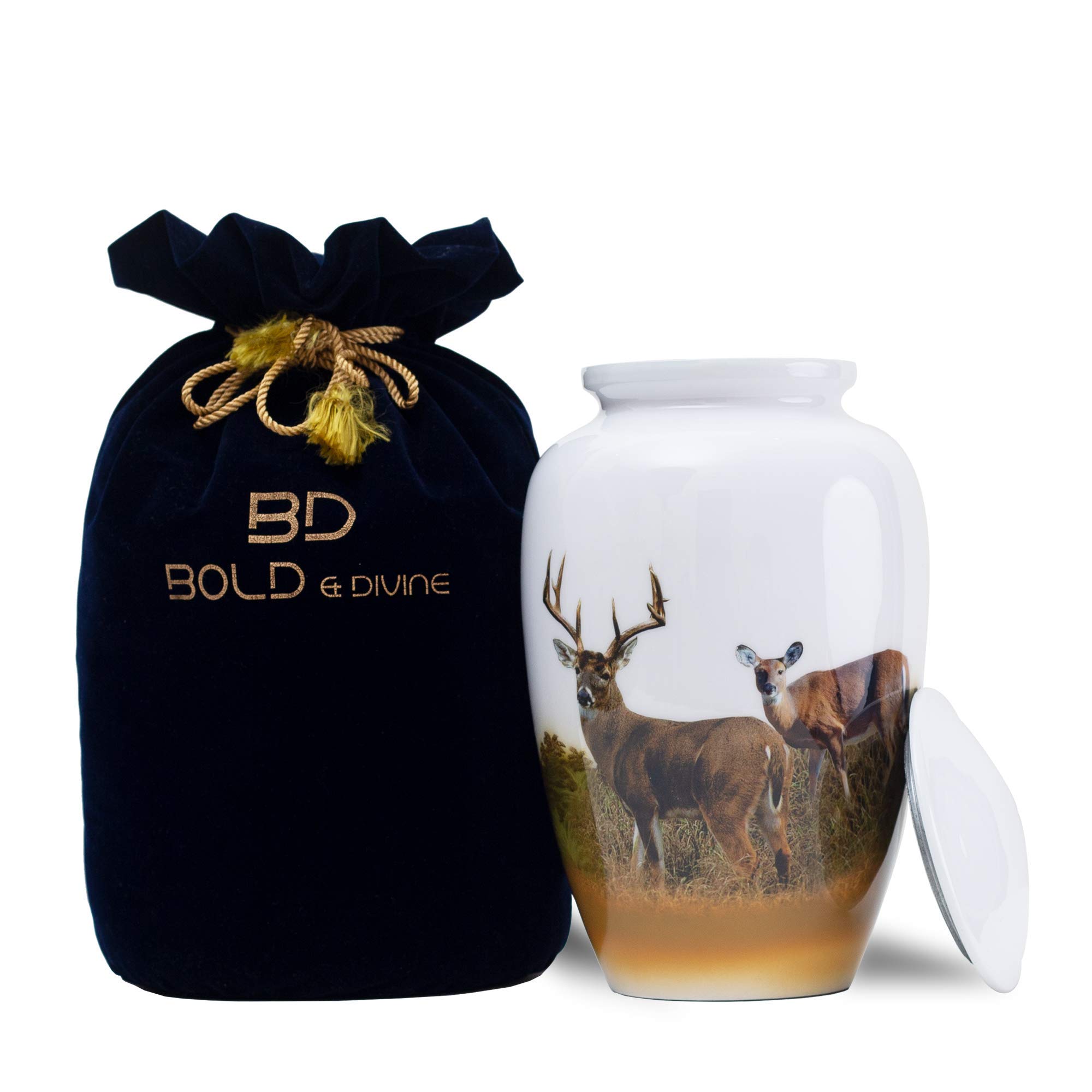 BOLD & DIVINE Grazing Deer Printed Adult Cremation Urn | Large | 200 Cubic Inches | Multicolor | Human Ashes Adult Memorial urn, Burial, Funeral Cremation Urns With Beautiful Velvet Bag — image 1