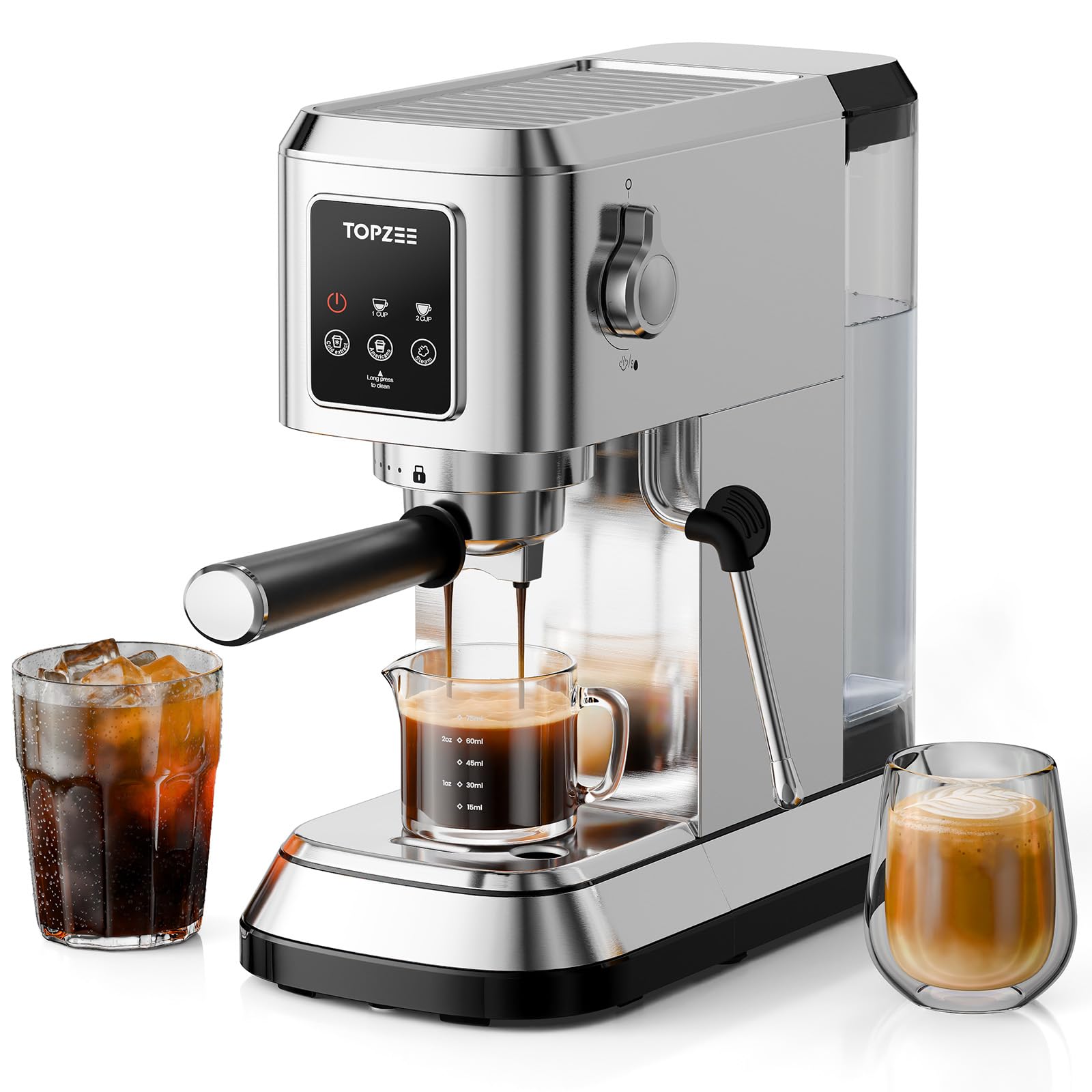 Photo 1 of topzee Espresso Machine 20 Bar, Compact Coffee Maker with Milk Frother & Cold Brew Function, 52oz Removable Water Tank, Stainless Steel Cappuccino, Latte Maker, Silver