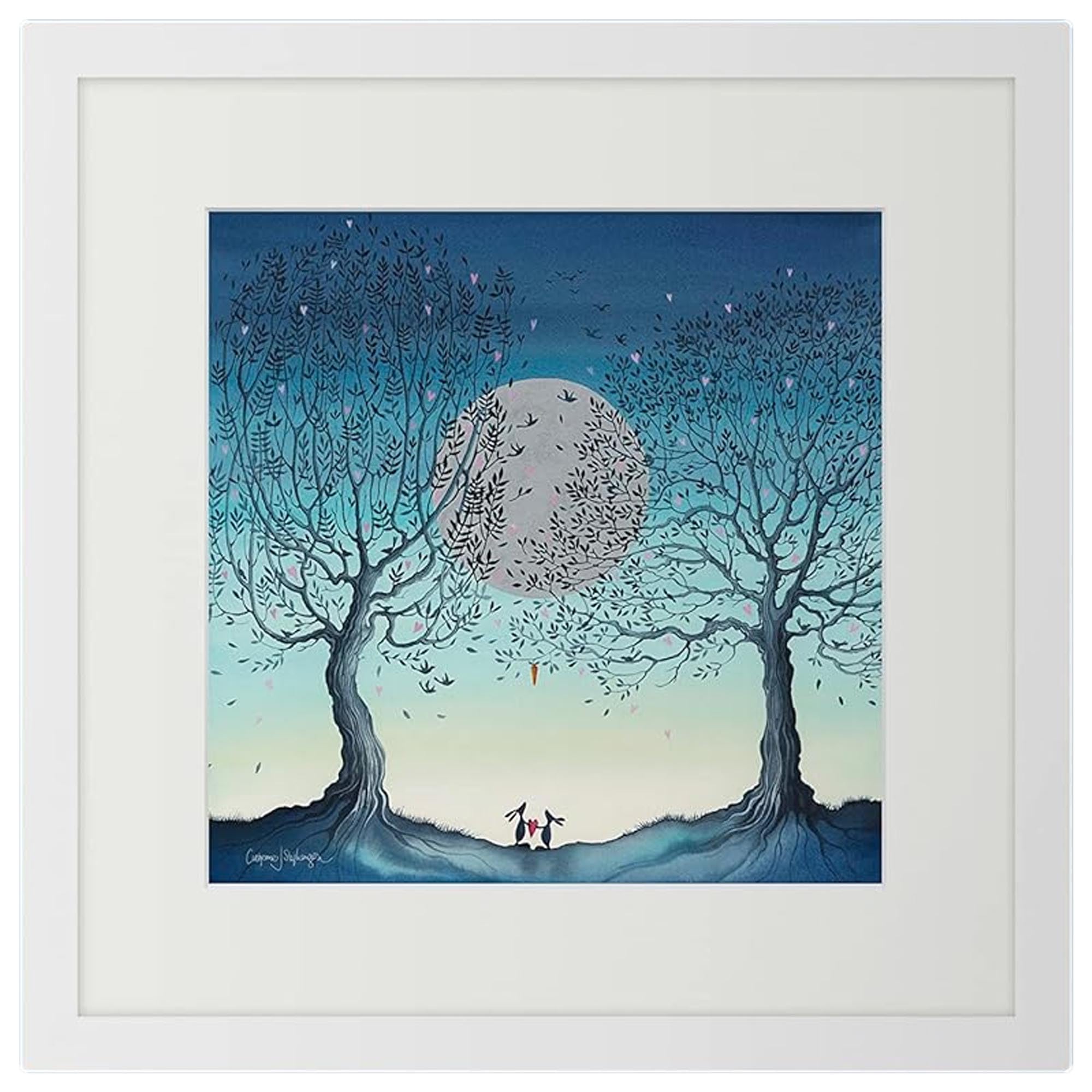 Artko Rabbits Under Moon Framed Print Wall Art - 'Hope Moon II' by Catherine J Stephenson - Contemporary Animal Themed Picture - Ready to Hang Home Decor - 43.5 x 43.5 cm