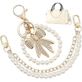 QXUJI Pearl Purse Chain, Gold Metal Bag Extender Chain with White Rhinestone Bow Keychain, Short Purse Strap Extender Replacement, for Women Handbags Shoulder Crossbody Bags, 26CM/10.24Inch