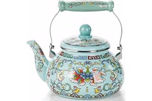 Pumtus 2.6 Quart Floral Enamel Tea Kettle, Vintage Enameled Teapot Stovetop, Enamel on Steel Water Coffee Tea Pot with Ceramic Handle, Colorful Hot Water Kettle for Home Kitchen Decor, No Whistling