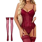 Foxiny Sexy Corset Scallop Floral Lace Mesh Sheer Garter Stockings Lingerie Set 3 Piece