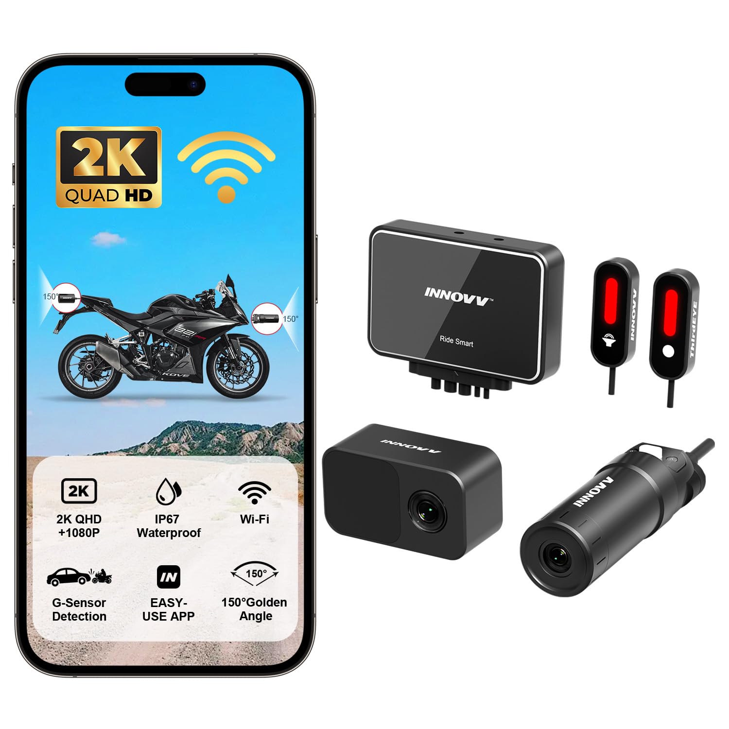 INNOVV RC6 Motorcycle Camera and Blind Spot System with Motorcycle Dash Cam Front and Rear 2K+1080P and Motor Blind Spot System with Voice and Indicators Alert Suitable for Many Motorcycles