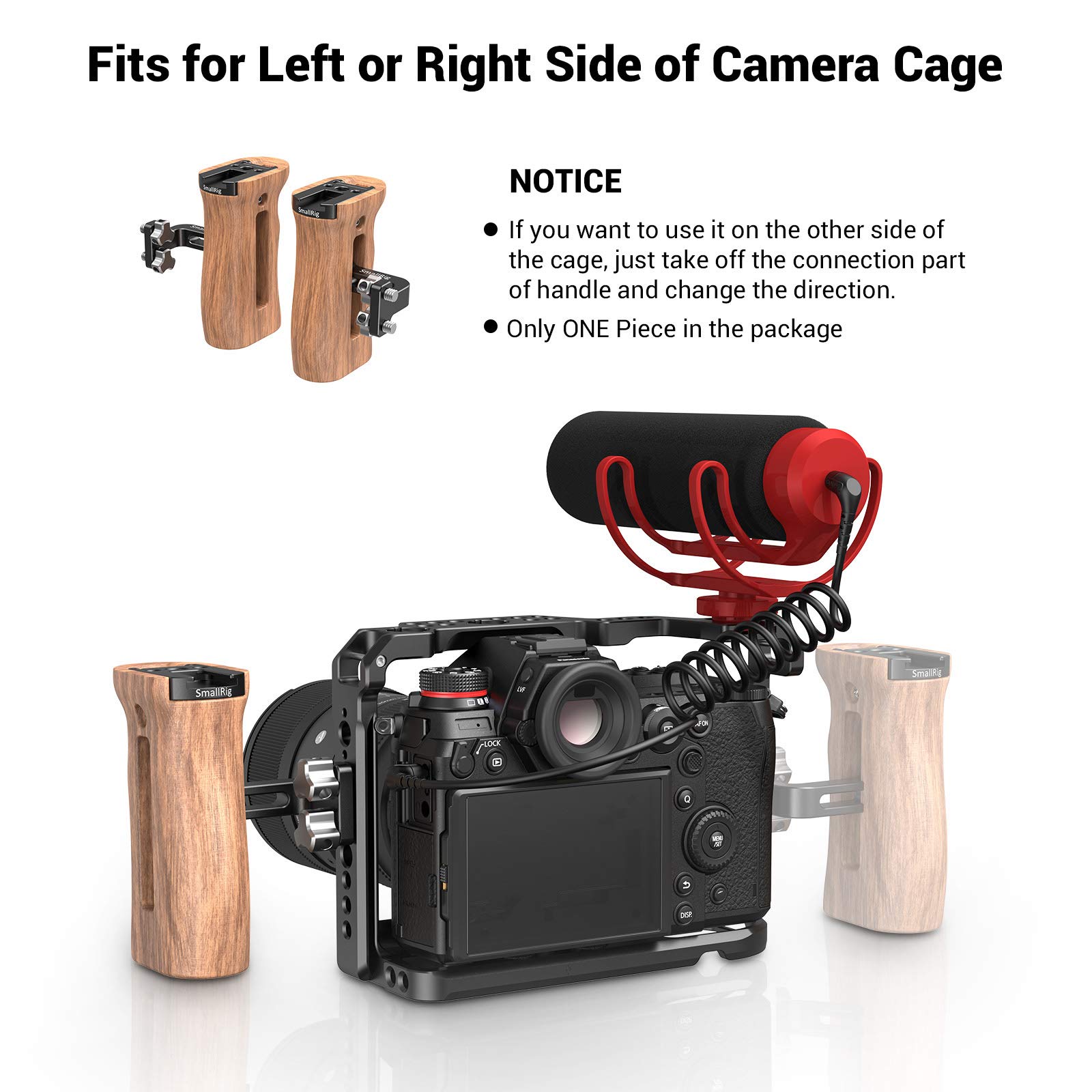 SMALLRIG Side Wooden Handle Grip for DSLR Camera Cage w/Cold Shoe Mount, Threaded Holes, Direction Changeable - 2093