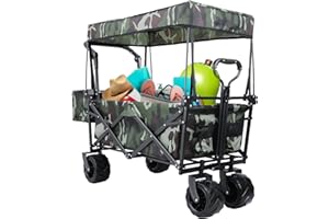 AthLike Collapsible Wagon Folding Garden Cart w/Removable Canopy, Extra Large Heavy Duty Portable Camping Beach Utilit Cart w/Adjustable Push Pull Handle, 7" Wide All-Terrain Wheel for Shopping Picnic