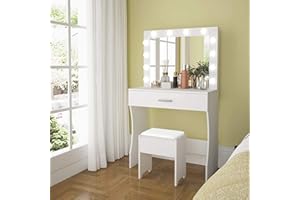 Titoni Vanity Table Set with Lighted Mirror - Makeup Vanity with Lights, Adjustable Brightness, Large Drawer Sturdy Wood Vanity, White 80x40x140cm