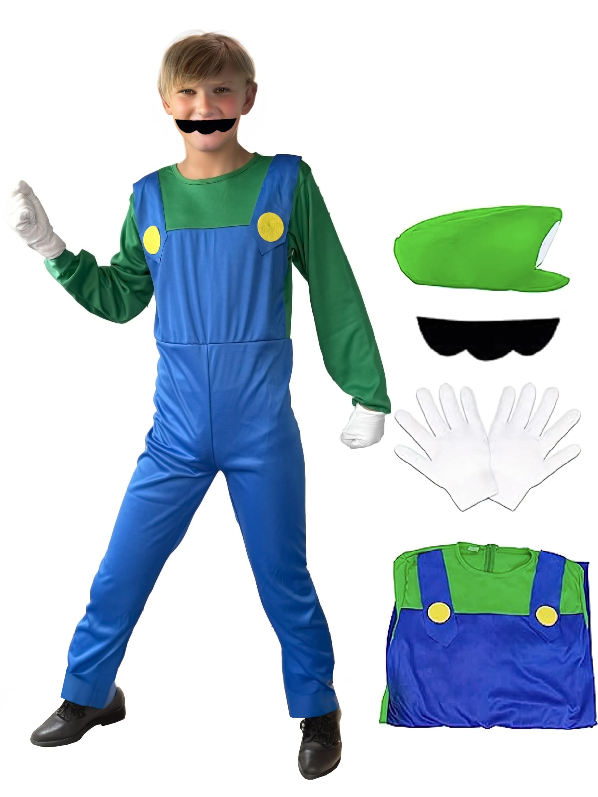 Photo 1 of (missing pieces) SHANGYUEFEI Adults Super Brother Costume Red and Green Jumpsuits for Men With White Gloves and Beards Hats for Halloween Green Large