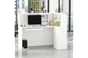 AGOTENI L Shape Reception Table with Open Shelf & Drawers, Wooden Computer Desk for Office Reception Room, White