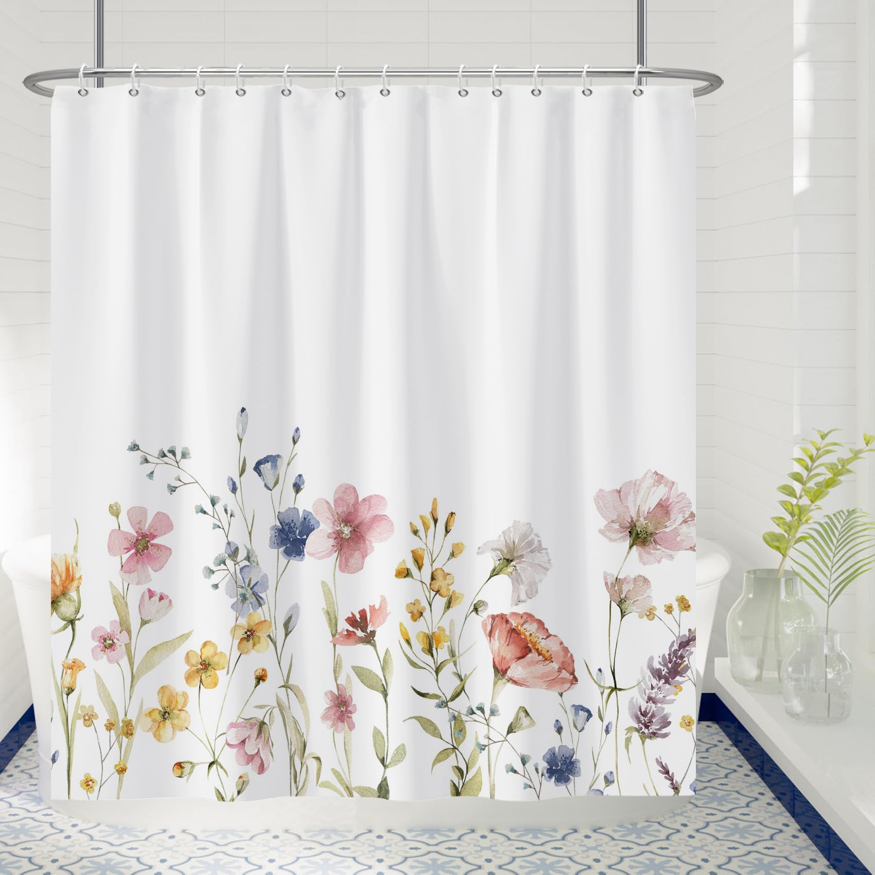 MIRRORANG Watercolour Flower Shower Curtain,Waterproof Mildew & Mould Resistant Polyester Curtain for Bathroom, Decorative Fabric Room Tub with 12 Hooks(180 x 180 cm) — image 1