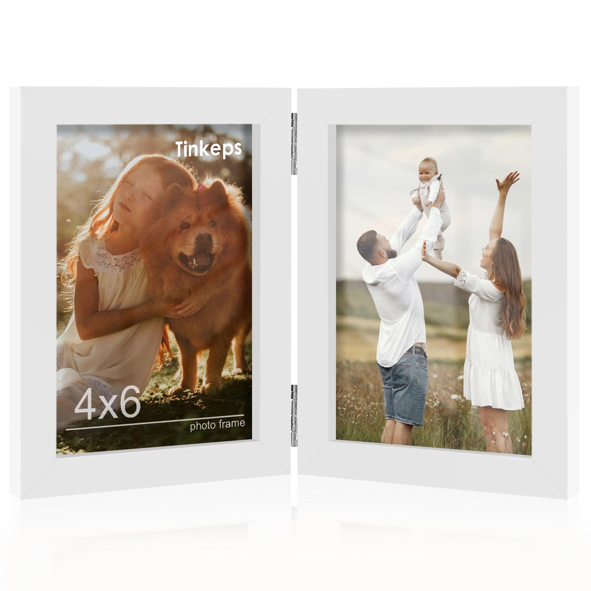 Tinkeps Double Photo Frame 6x4, Hinged Folding Picture Frames 4x6 for Tabletop Display, White.