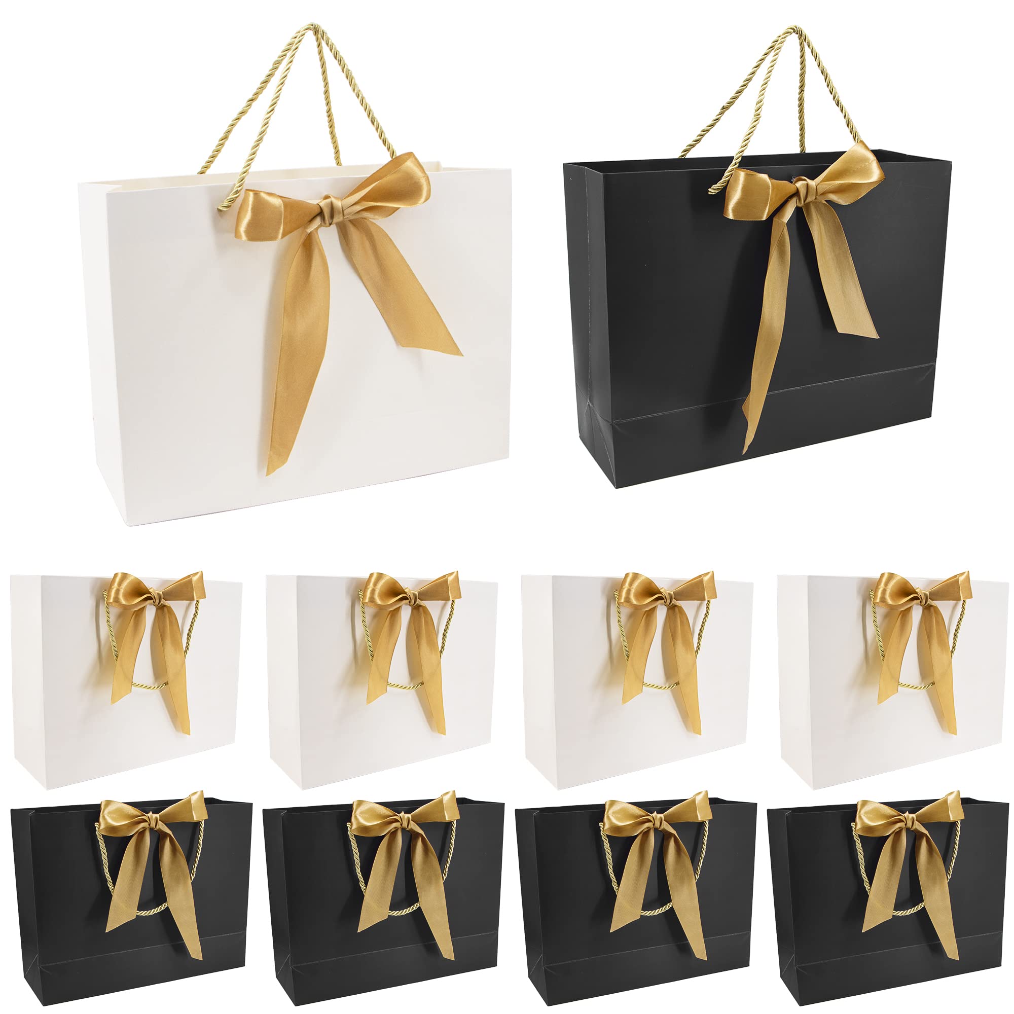 Time to Sparkle 8 PCS Gift Bags Large Size with Handles Bulk, Waterproof Paper Bags with Bow Ribbon for Baby Shower Wedding Party Birthday Holiday Celebrations (32*25*11cm)Black/Gold & White/Gold