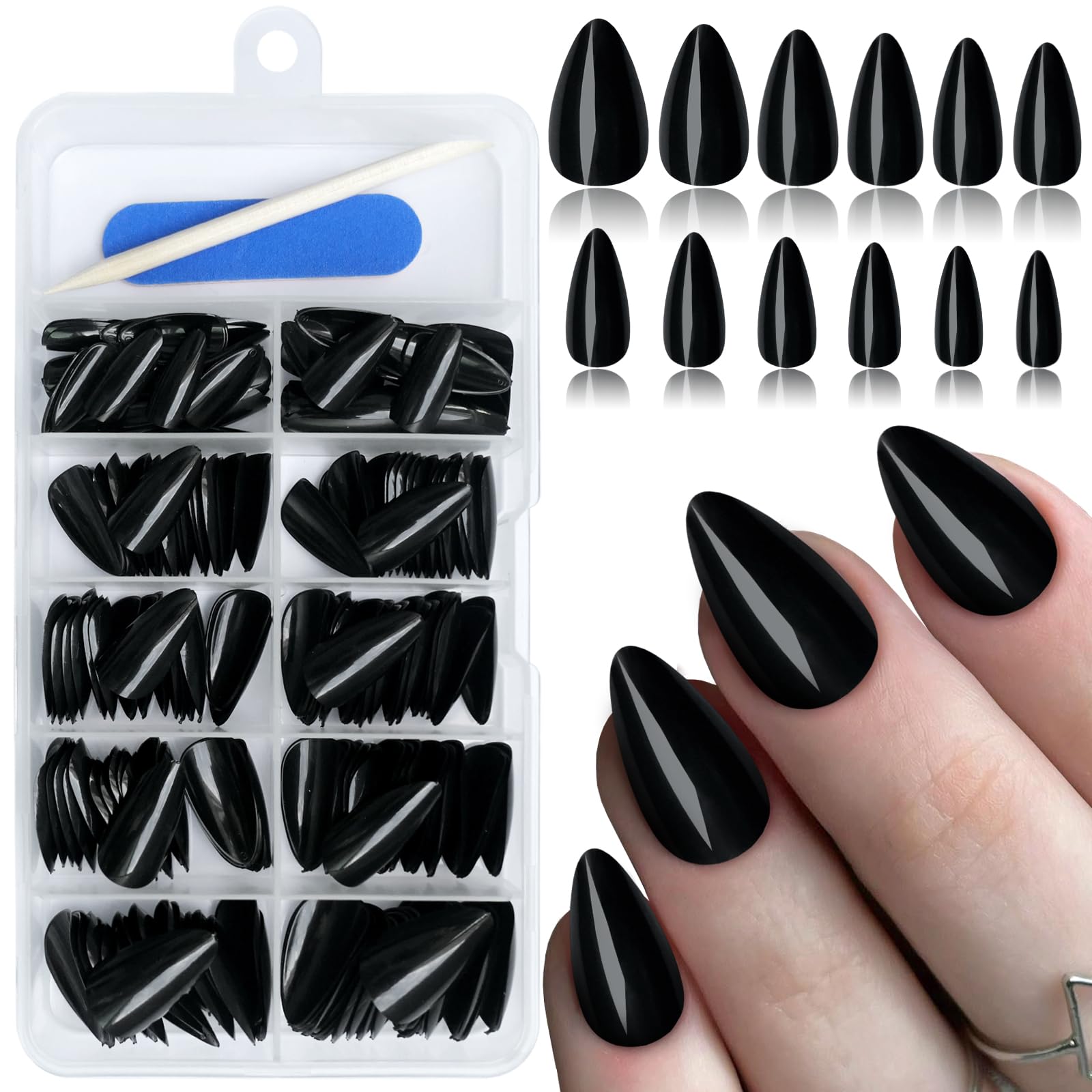 Bellelfin 240Pcs Short Press on Nails Almond Black Fake Nails, Solid Color Acrylic Nails Press ons Full Cover Artificial False Nail Tip with 5 Sheets Adhesive Tabs for Women Girls