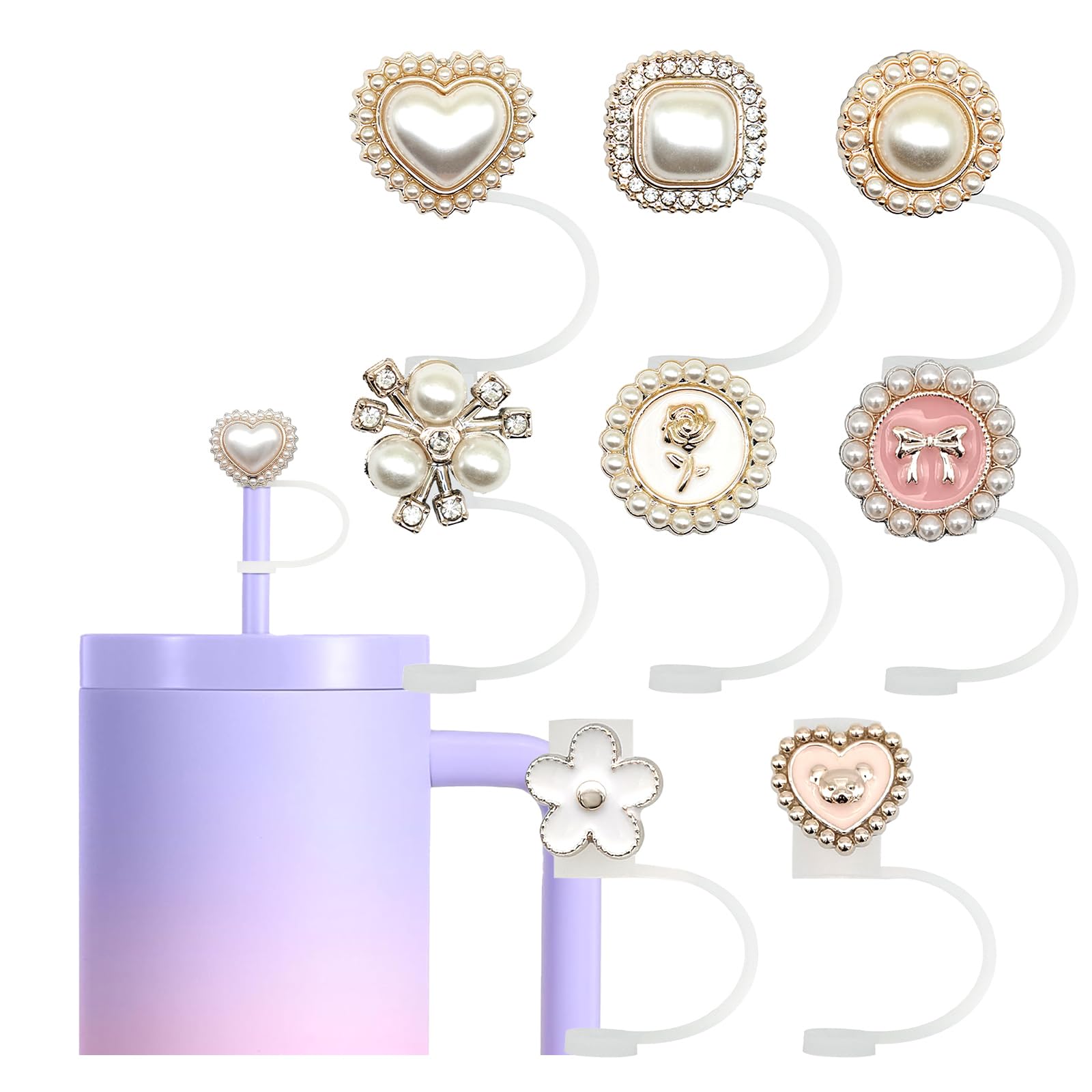 Photo 1 of **PACK2***Beljeley Pearl Straw Topper Covers Accessories, Compatible with Stanley 30 & 40 Oz Tumblers, White Gold Silicone Caps 8 PCS