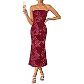 ZESICA Women's Summer Strapless Floral Midi Dress 2026 Bodycon Mesh Tube Wedding Guest Cocktail Party Formal Dresses