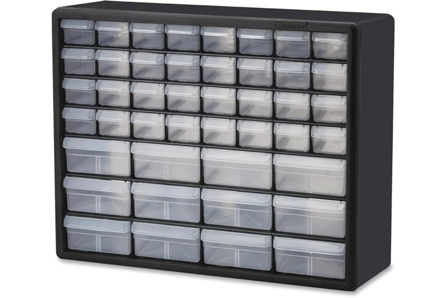 Akro-Mils 44-Drawer Plastic Drawer Storage Cabinet for Garage Organization, Bead Organizer, Building Bricks Storage, Teacher Toolbox, Makeup Organizer, 20" W x 6" D x 16" H, 10144 Black