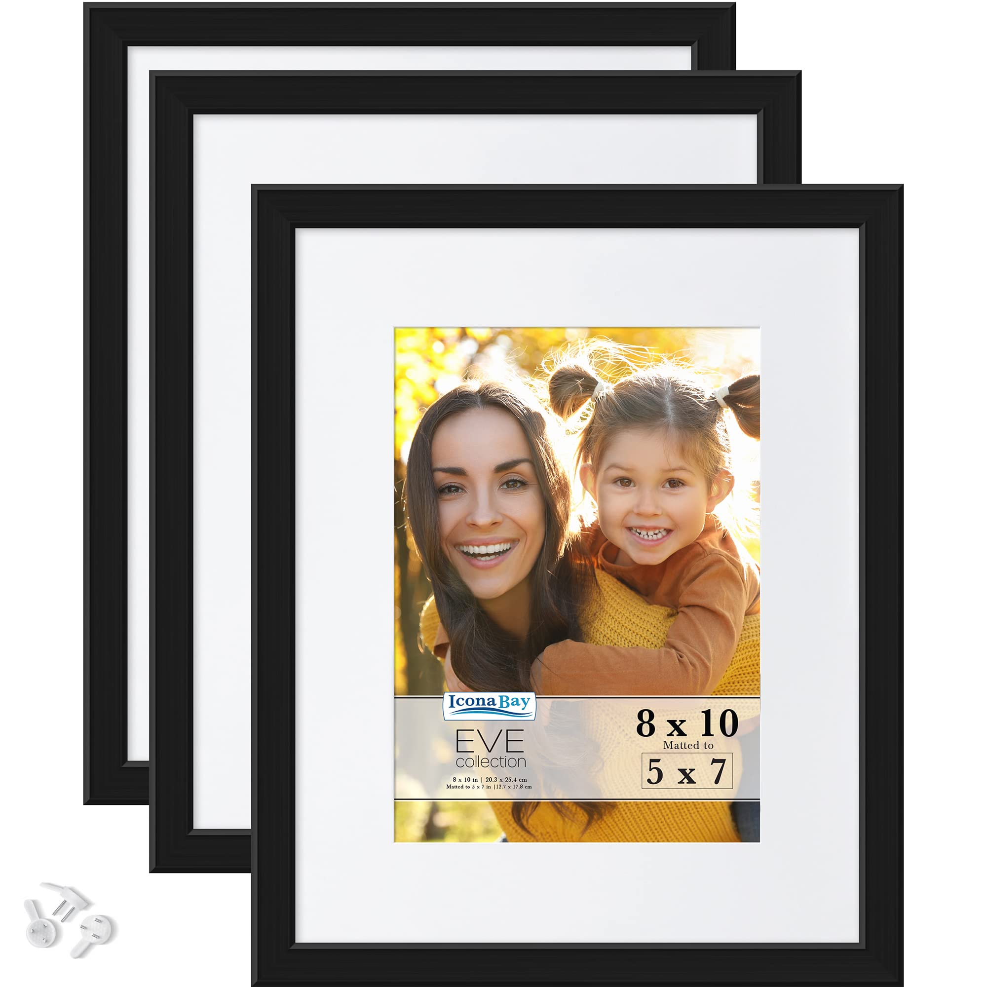 Icona Bay 10x8 Picture Frames w/Removable Mat to 7x5 (Black, 3 Pack), Modern Double-Bevelled Frame, Tabletop or Wall Mount, Eve Collection