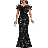 Cololura Women Off Shoulder Ruffles Sparkly Sequin Mermaid Bodycon Evening Party Gown Maxi Dress