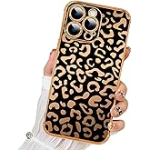 Cute Phone Case for iPhone 14 Pro Max 6.7 Inches, Luxury Golden Edge Leopard Pattern Plating for Girls Women, Full Camera Protection Shockproof Soft TPU Bumper Phone Case Cover, Black