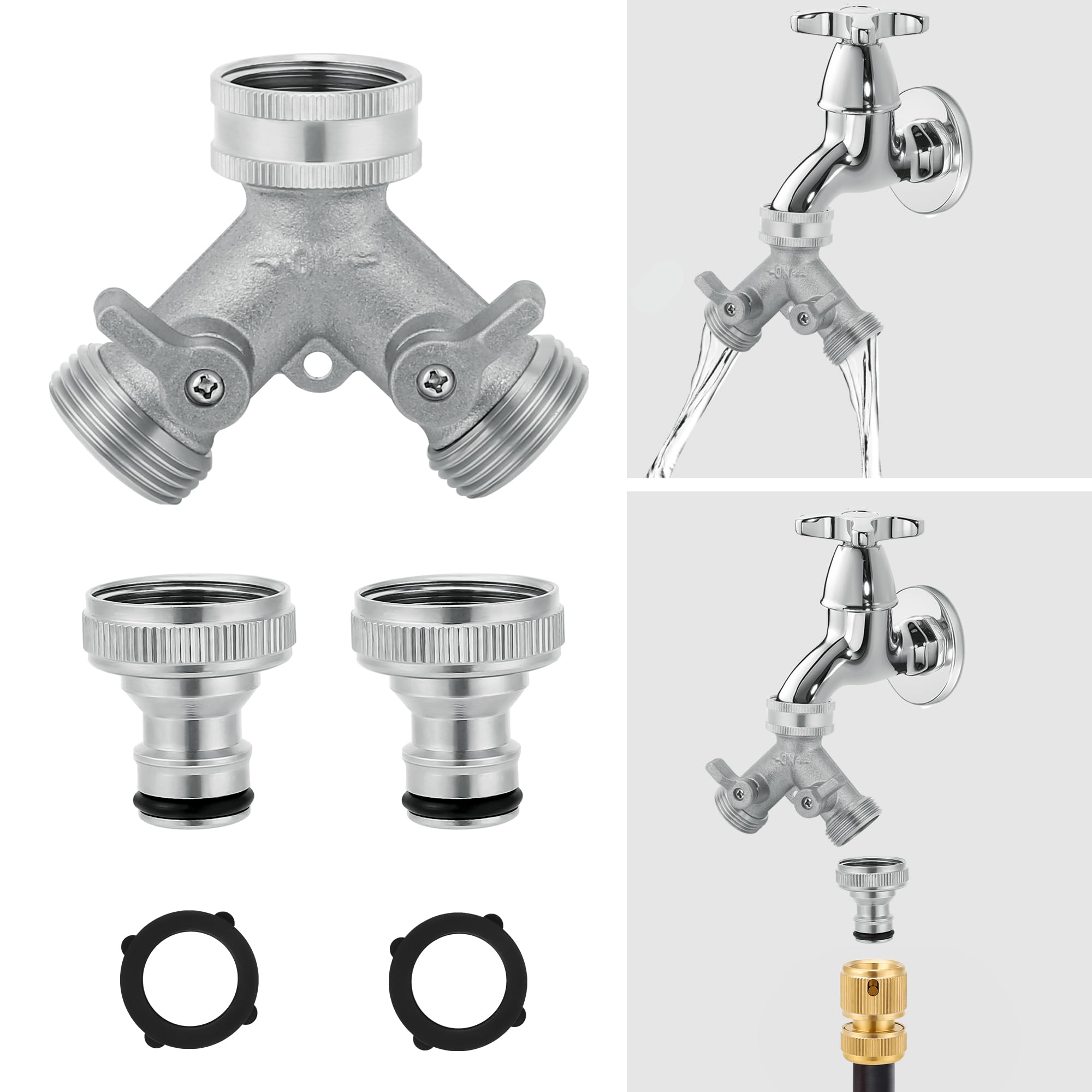 Sylken 2 Way Tap Splitter – 3/4 Inch Multi-Functional Hose Connector, Create 2 Circuits on a Single Tap, Independent Flow Valve per Outlet, can be Used as a Y Connector