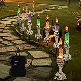 WATERGLIDE Halloween Decoration Candle Light Stakes, 10 Pack Skeleton Hands Hold Lighted Candle Pathway Makers, Waterproof Battery Operated with Timer, Light Up Figurine for Outdoor Holiday Party