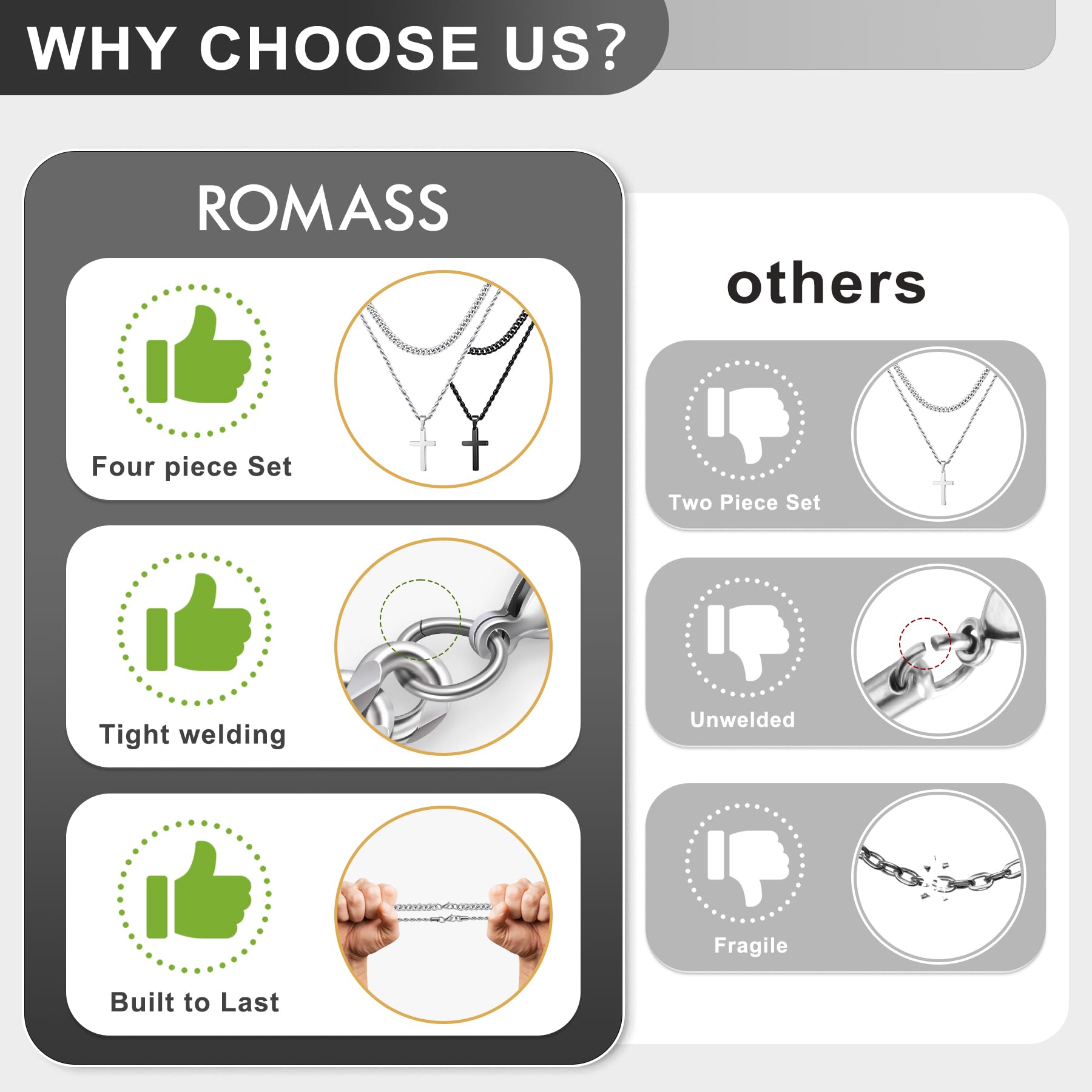 Romass 4Pcs Cross Necklace for Men,Stainless Steel Chains for Men Layered Necklaces Silver Gold Black Pendant Jewelry Box Gifts 18-24 Inches