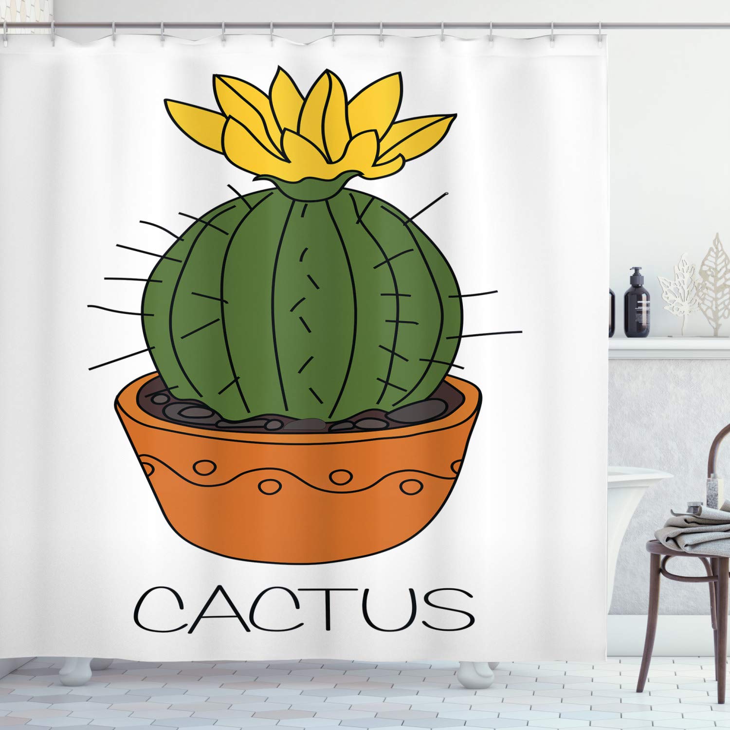 ABAKUHAUS Cactus Shower Curtain, Plant with Yellow Flower in a Pot Blooming Tropical Foliage Cartoon, Cloth Fabric Bathroom Decor Set with Hooks, 94 Inches, Orange Green Yellow