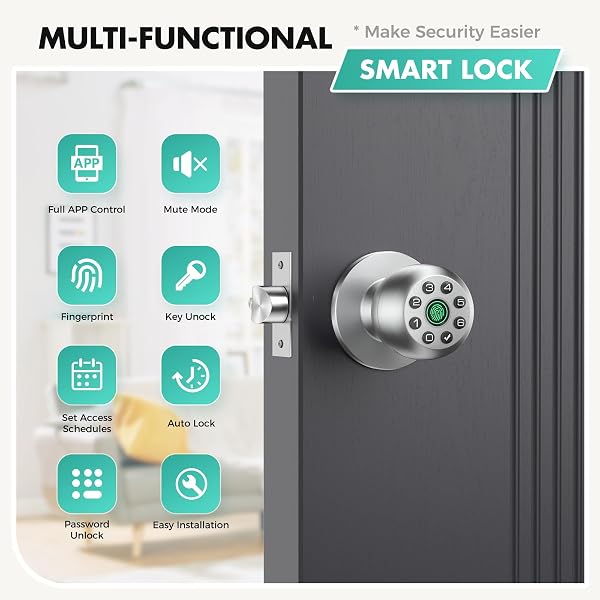 HEI LIANG FINGERPRINT DOOR LOCK, BIOMETRIC SMART DOOR KNOB, WITH KEYPAD AND APP CONTROL, KEYLESS DOOR LOCK, SUITABLE FOR BEDROOMS, OFFICES, HOTELS, APARTMENTS, EASY TO INSTALL. (SILVER HL-10