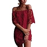 PRETTYGARDEN Women's Summer Off Shoulder Dresses Floral Lace Flare Short Sleeve Spring Vintage Elegant Mini Dress
