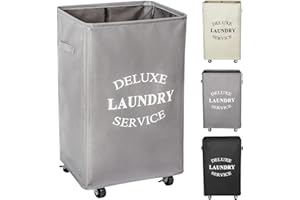 WOWLIVE Large Rolling Laundry Basket Wheels 90L Collapsible Tall Laundry Hamper Handle Foldable Dirty Clothing Basket Fold up Rectangular Hampers for Laundry Dorm Room (Grey)