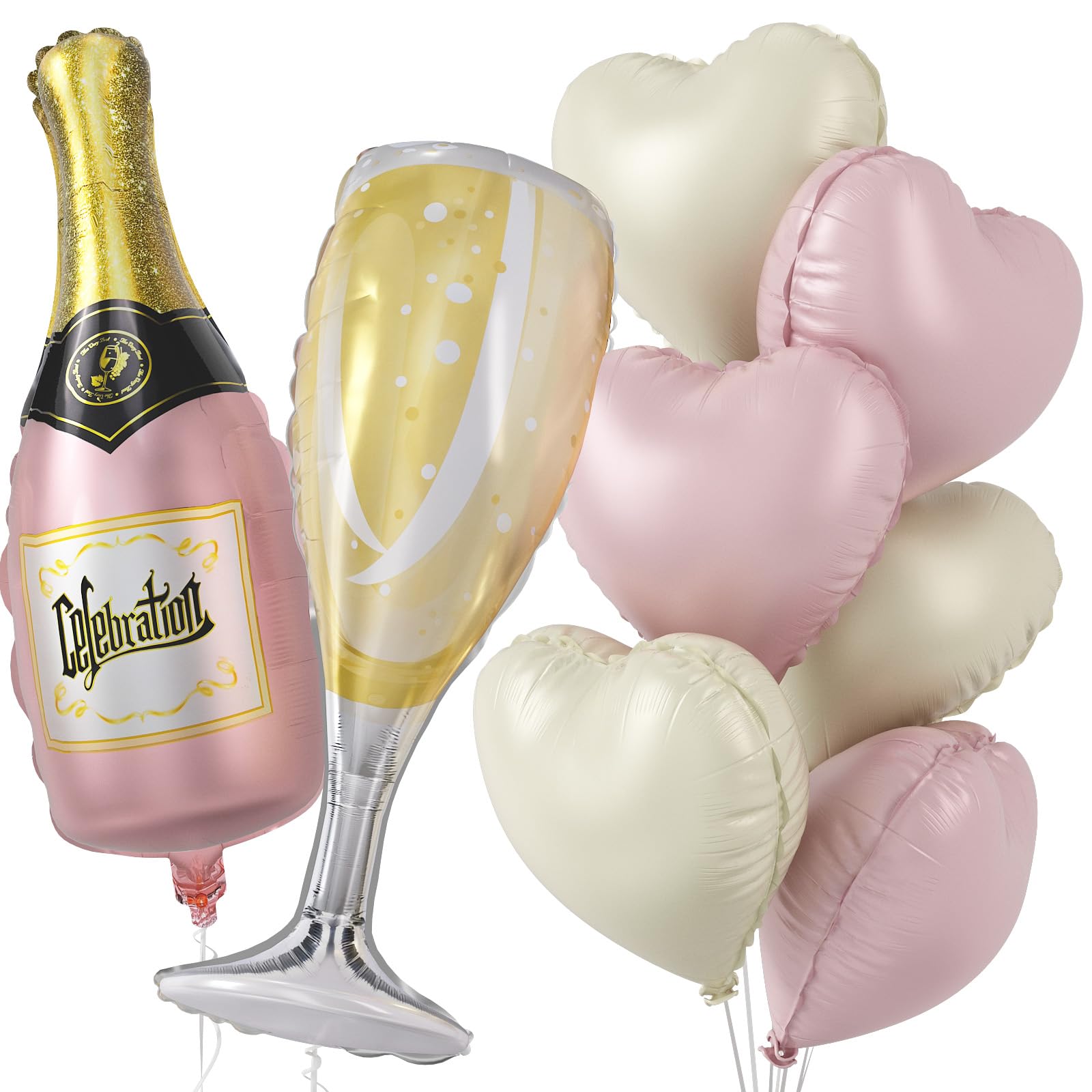 Pink Beige Heart Balloons with 37inch Champagne Bottle Glass Foil Balloons, Helium Pink Cream Heart Shaped Wine Balloon for Boho Girls Women Birthday Baby Shower Bridal Valentines Wedding Party
