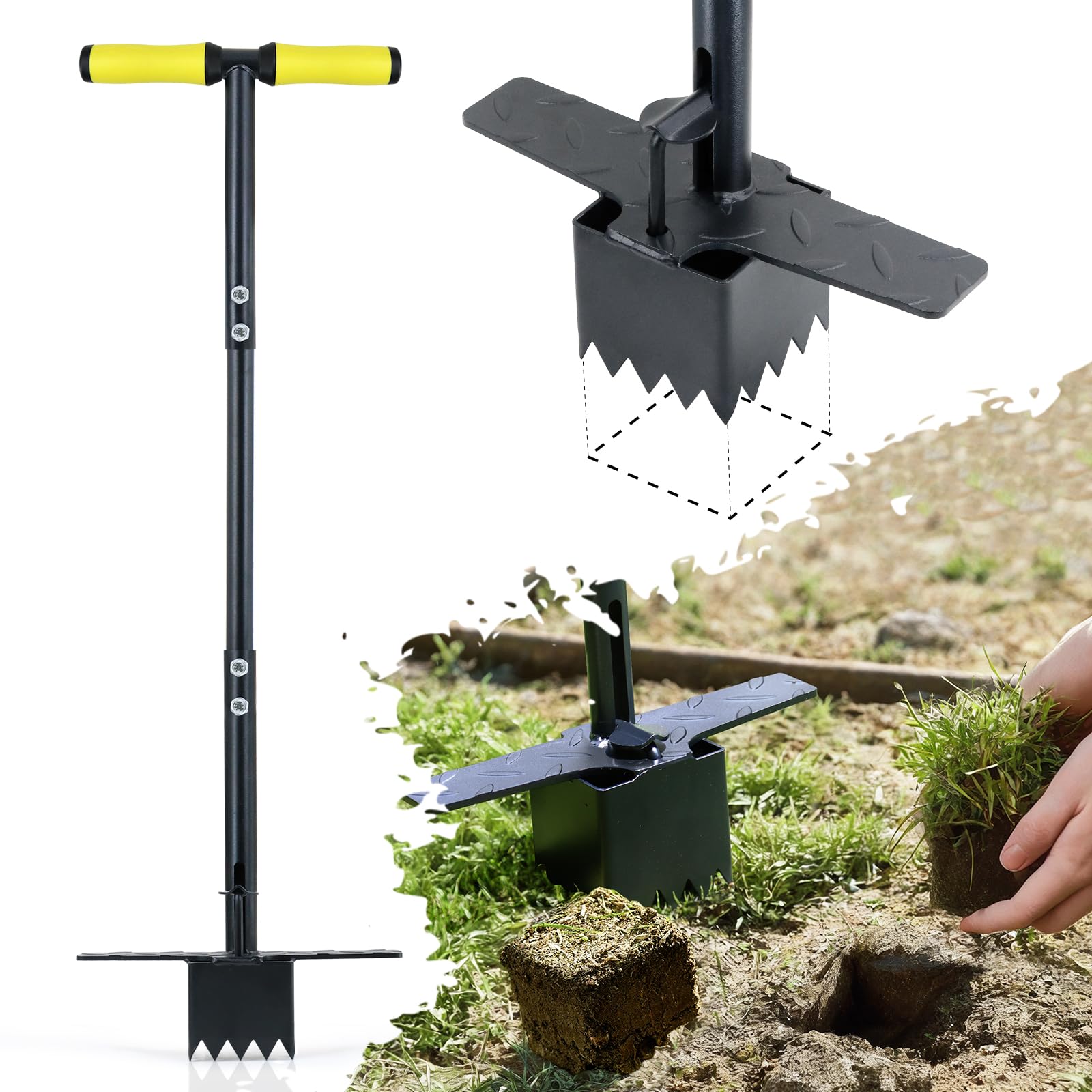 Photo 1 of Colwelt Sod Plugger Tool 36-INCH, Grass Plug Tool 3 x 3 Square with Serrated Base, Long Handle Bulb Planter Tool with Dual Pedals & Easy Foot Ejector, Sod Turf Cutter for Lawn Planting Grass Repair