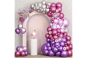 RUBFAC 87pcs Metallic Pink Purple Balloon Garland Arch Kit, 18 12 10 5 Inch Pink Purple Red Silver Confetti Latex Party Balloons for Birthday Graduation Baby Shower Decoration