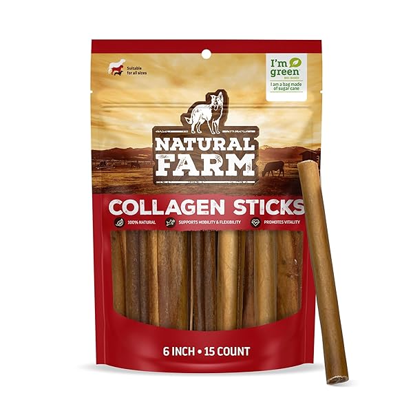 NATURAL FARM COLLAGEN STICKS (6 INCH, 15 PACK). ODOR-FREE, 95% NATURAL COLLAGEN DOG CHEWS, SUPPORTS HEALTHY JOINTS, SKIN & COAT – BEST RAWHIDE ALTERNATIVE FOR SMALL & MEDIUM DOGS