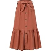 Kukume Maxi Skorts Skirt for Girls Button Front High Waisted Long Skirt with Belt Ruffled Skirts with Pocket 3-12Years