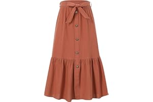 Kukume Maxi Skorts Skirt for Girls Button Front High Waisted Long Skirt with Belt Ruffled Skirts with Pocket 3-12Years