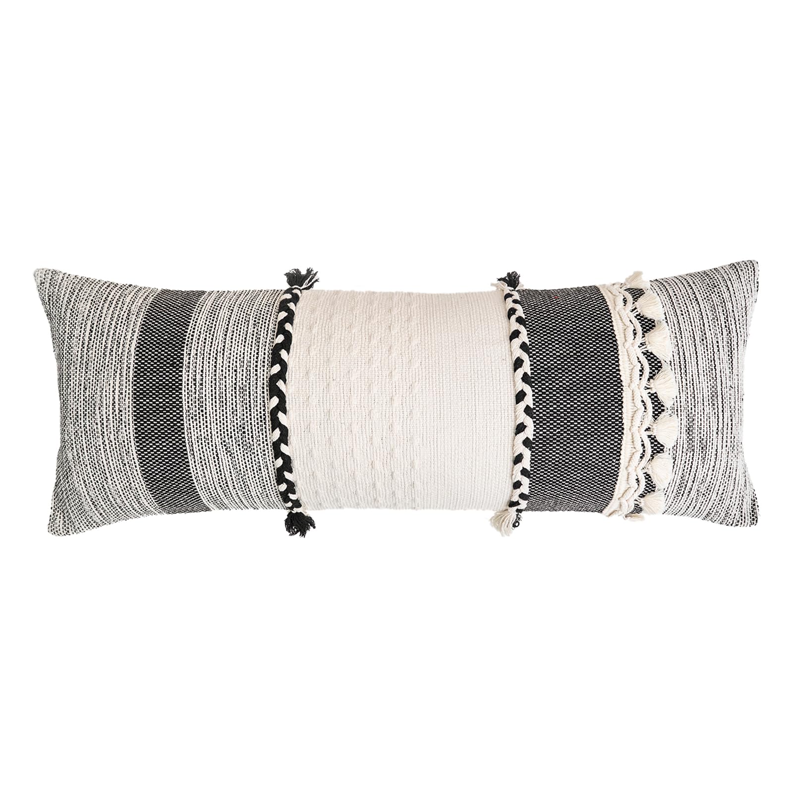 Labilin Long Lumbar Cushion Covers 14x36, Boho Long Decorative Pillows with Tassels Pillowcase, Modern Abstract Woven Body Pillow Cover for Sofa Bedroom Living Room Home Decor, Black + off-white