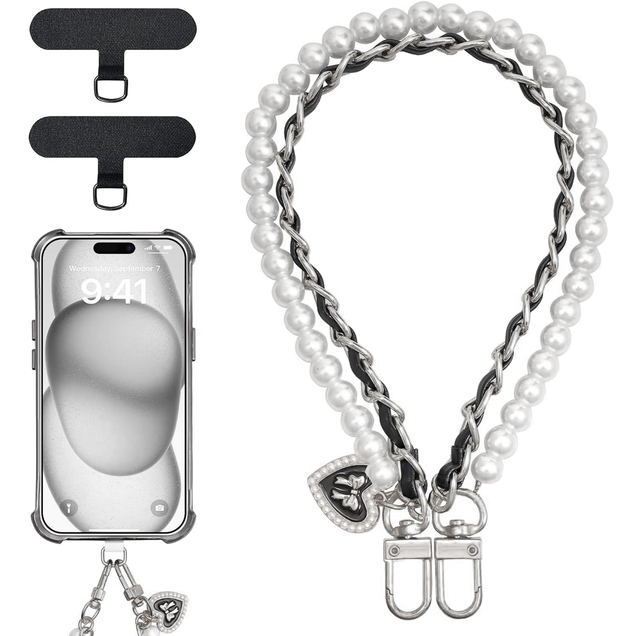 TiMOVO Beaded Pearls Phone Wrist Strap,Detachable Cellphone Lanyard with Tether Tab,Hands-Free Wristlet Bracelet,Adjustable Phone PU Leather Stand Cover Grip with Auto Adjustable, Sliver