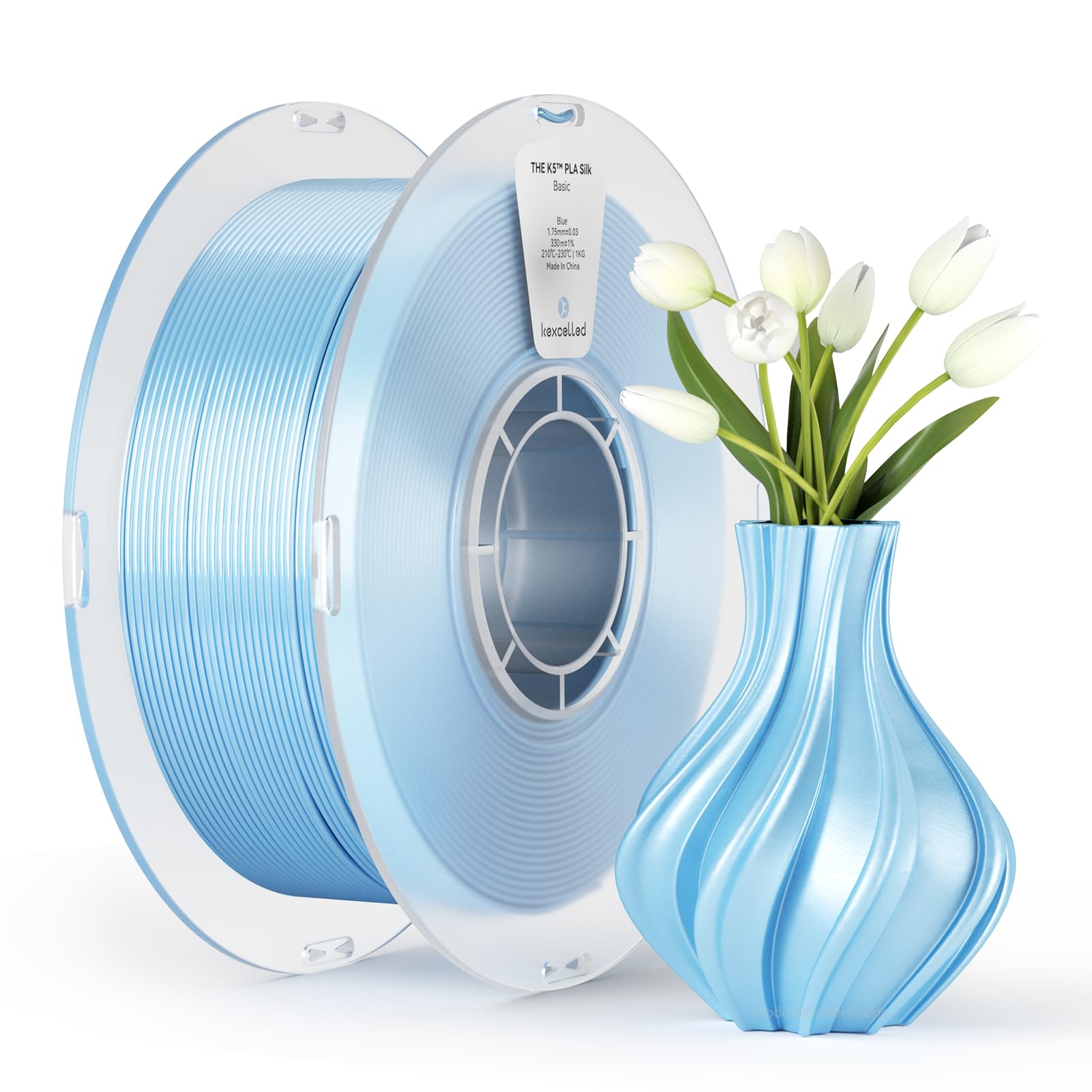 kexcelled Silk PLA Filament 1.75 mm +/- 0.03 mm, 3D Printer Filament, Shiny Glossy Surface, 1 kg Spool (2.2 lbs), for FDM Printer, Vacuum Packaging, Blue