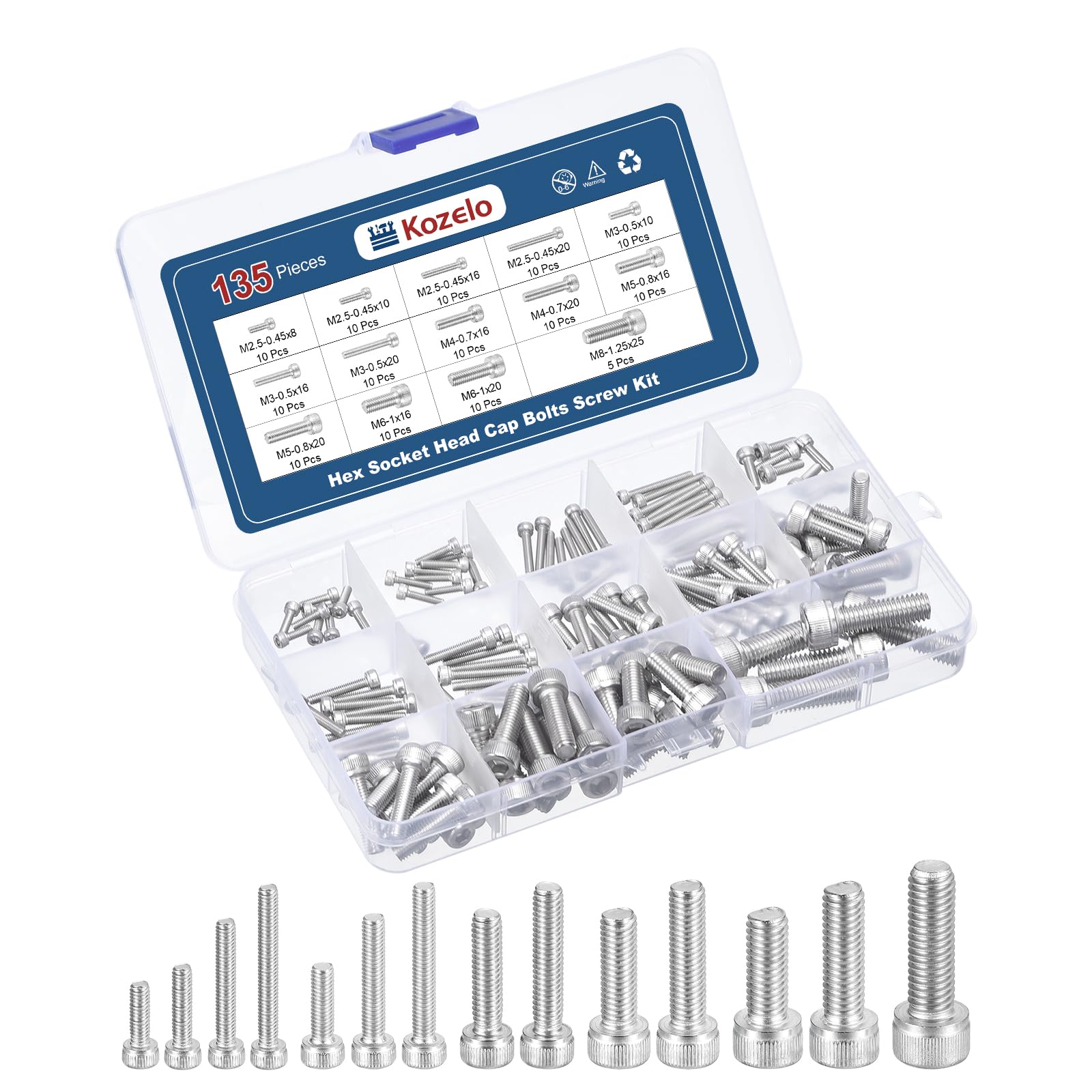 Kozelo 135pcs Socket Head Cap Screws Bolts Nuts Assortment Kit - [M2.5/M3/M4/M5/M6/M8] 304 Stainless Steel Allen Socket Drive for 3D Printer